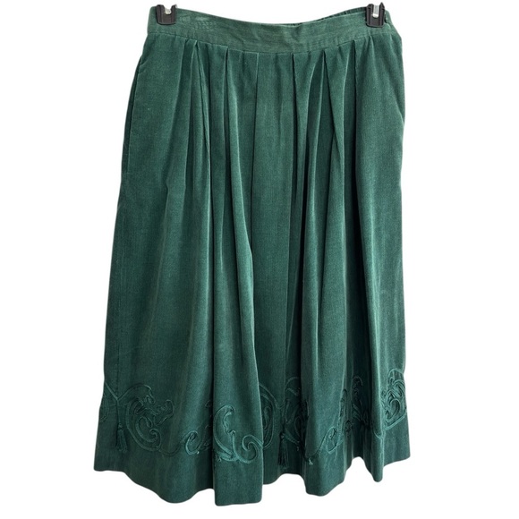 Vintage Susan Bristol Skirt 8P Green Corduroy Pleated Elastic Waist Embroidery - Picture 4 of 16